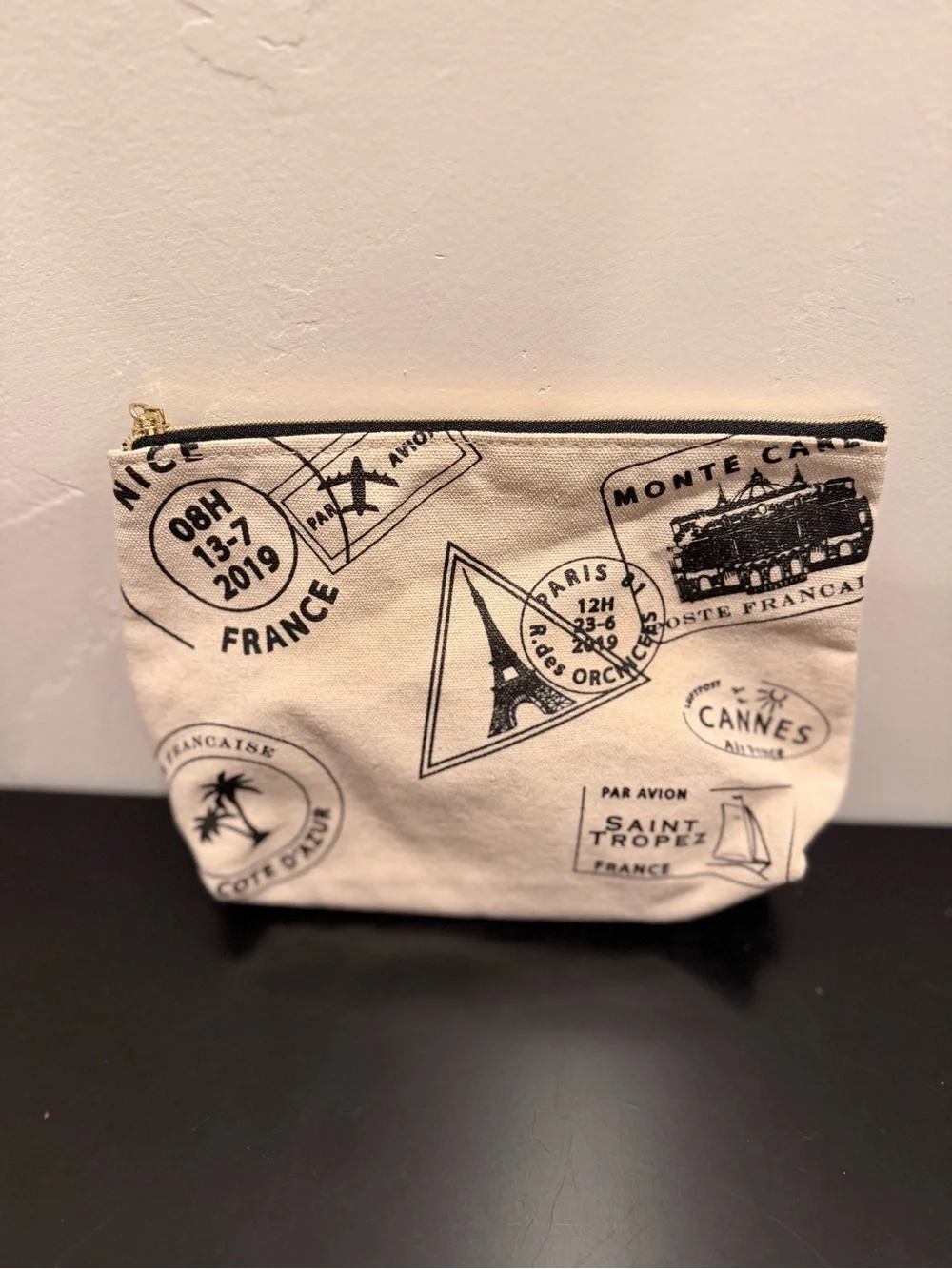 Lancome Beige Cosmetic Pouch with Black Travel Stamp Print